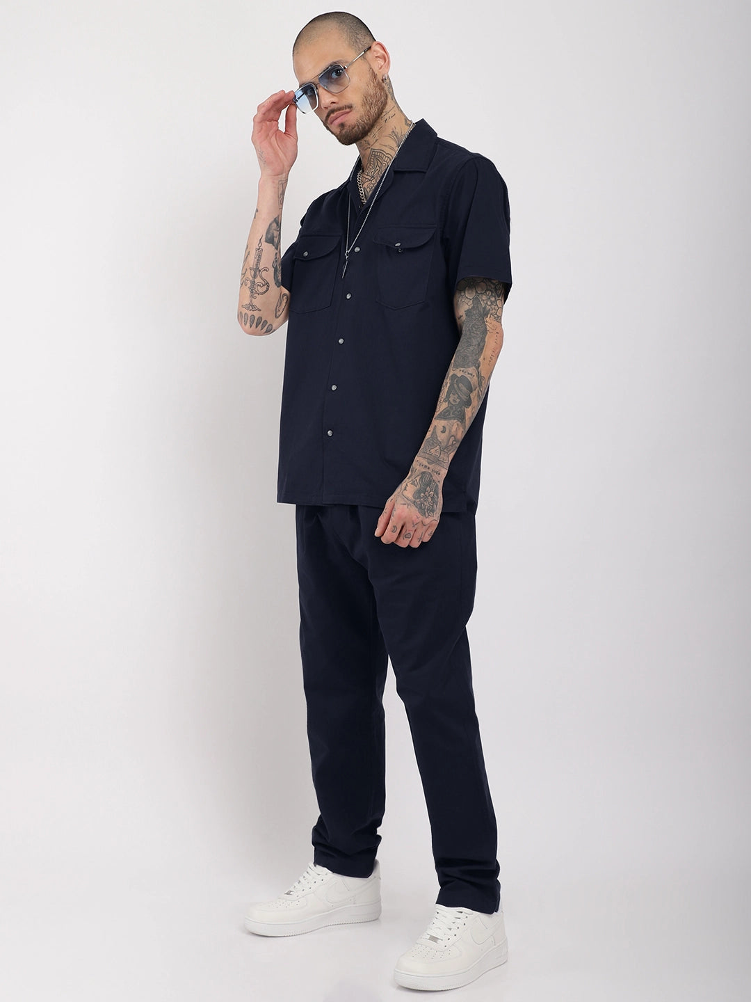 Antonio Cotton Navy Blue With Tich Button Co-Ord Set