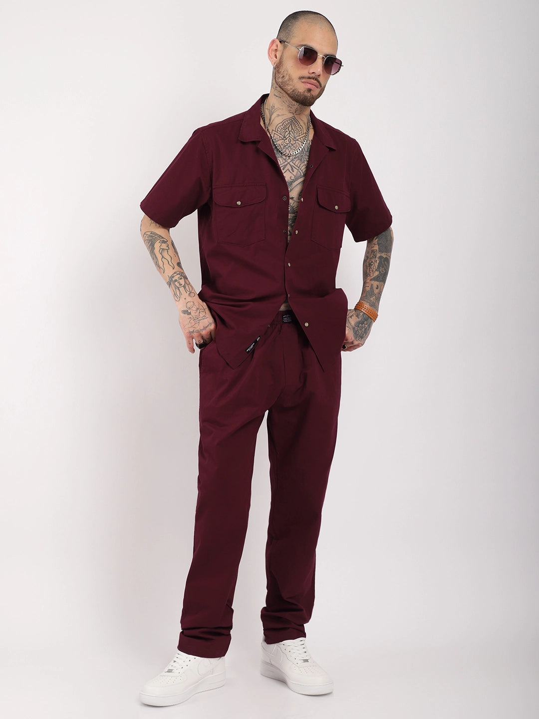 Antonio Cotton Wine Red With Tich Button Co-Ord Set