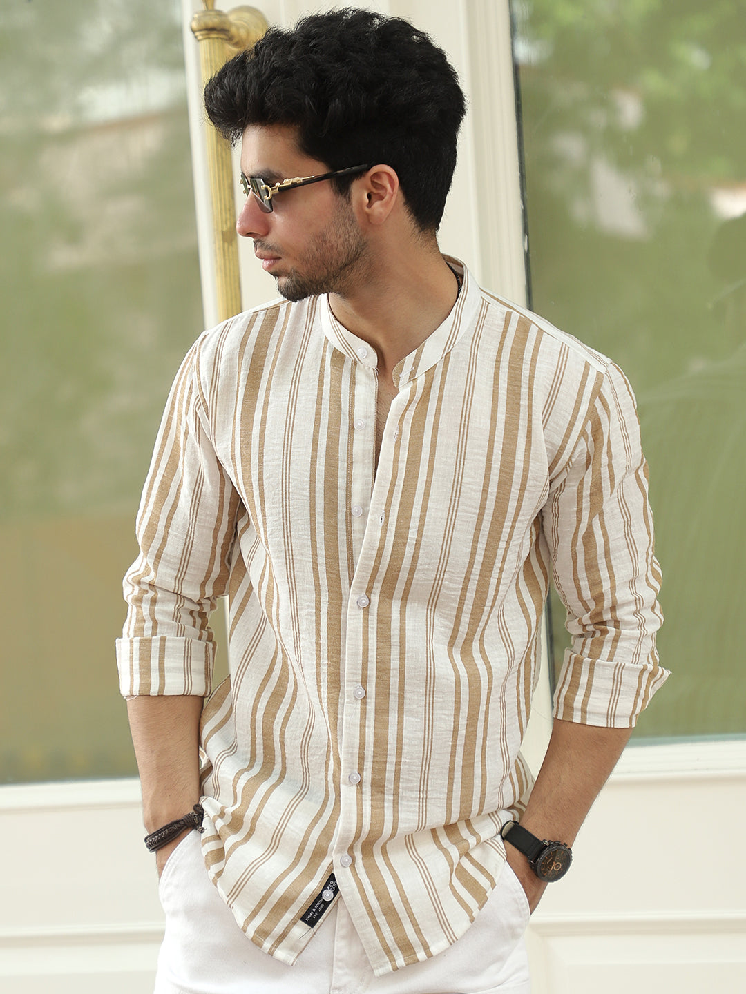 Regent Stripe Caramel Brown Shirt