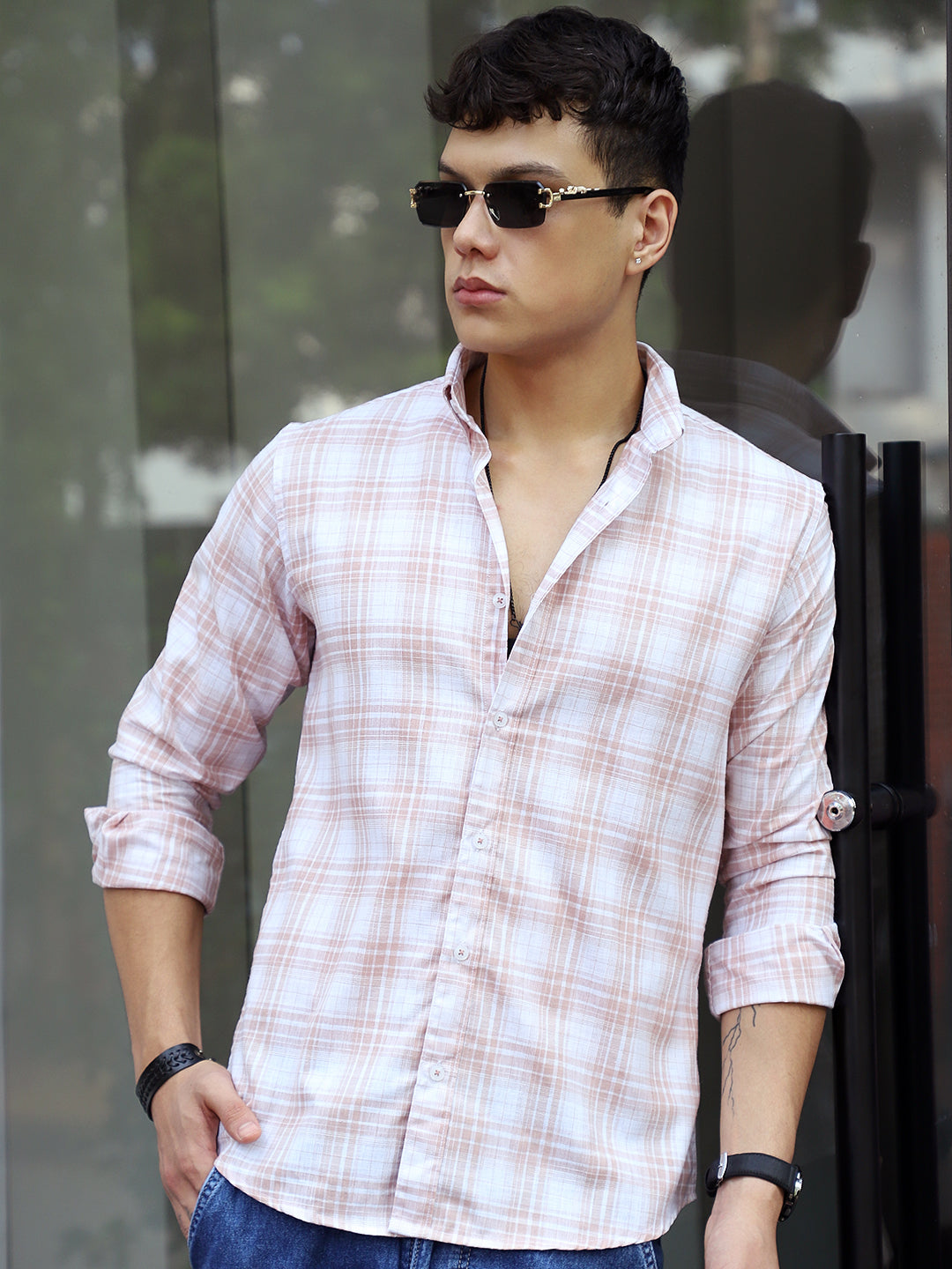 Pelle Fresca Light Brown Check Full Sleeve Shirt