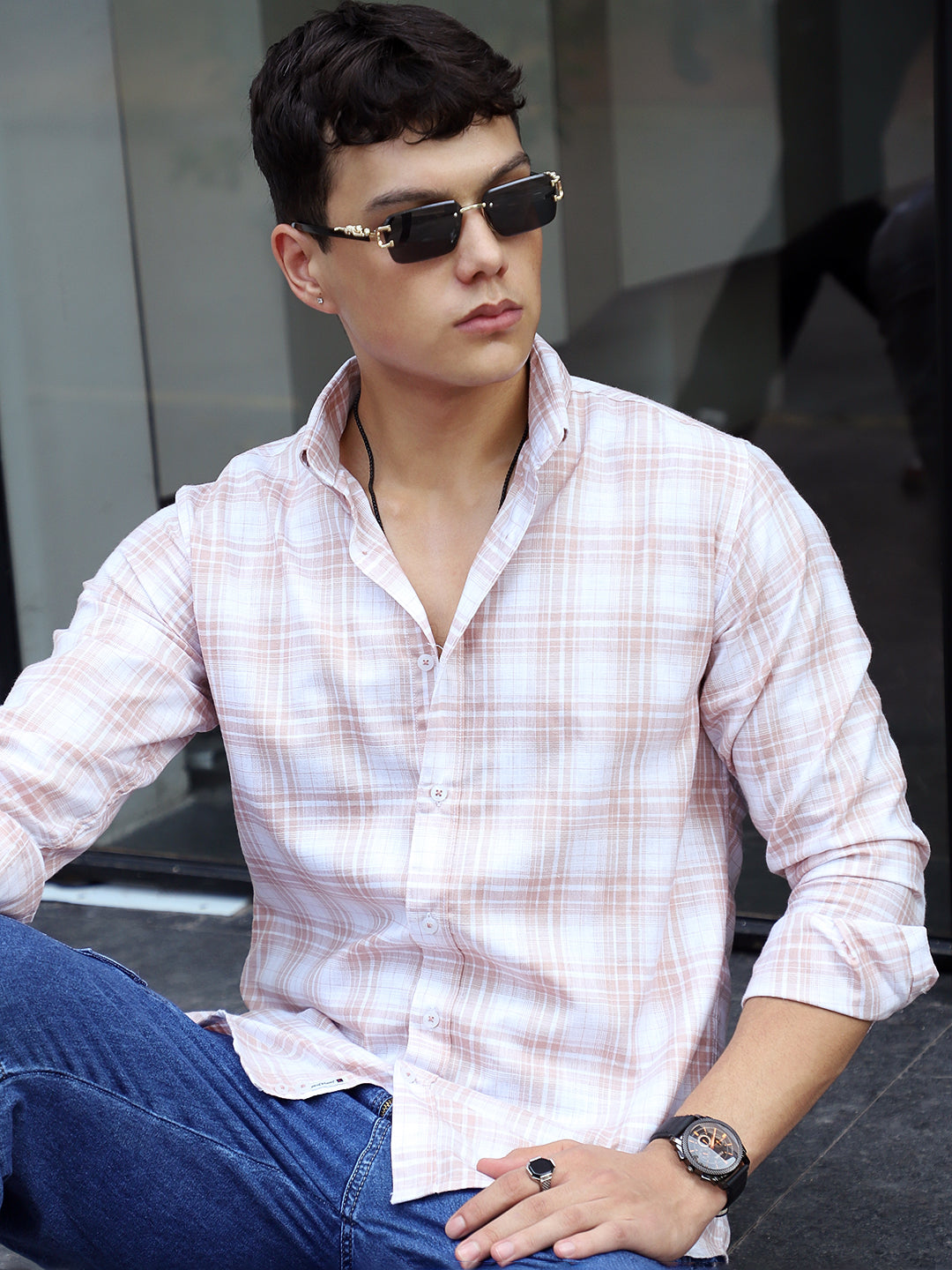 Pelle Fresca Light Brown Check Full Sleeve Shirt