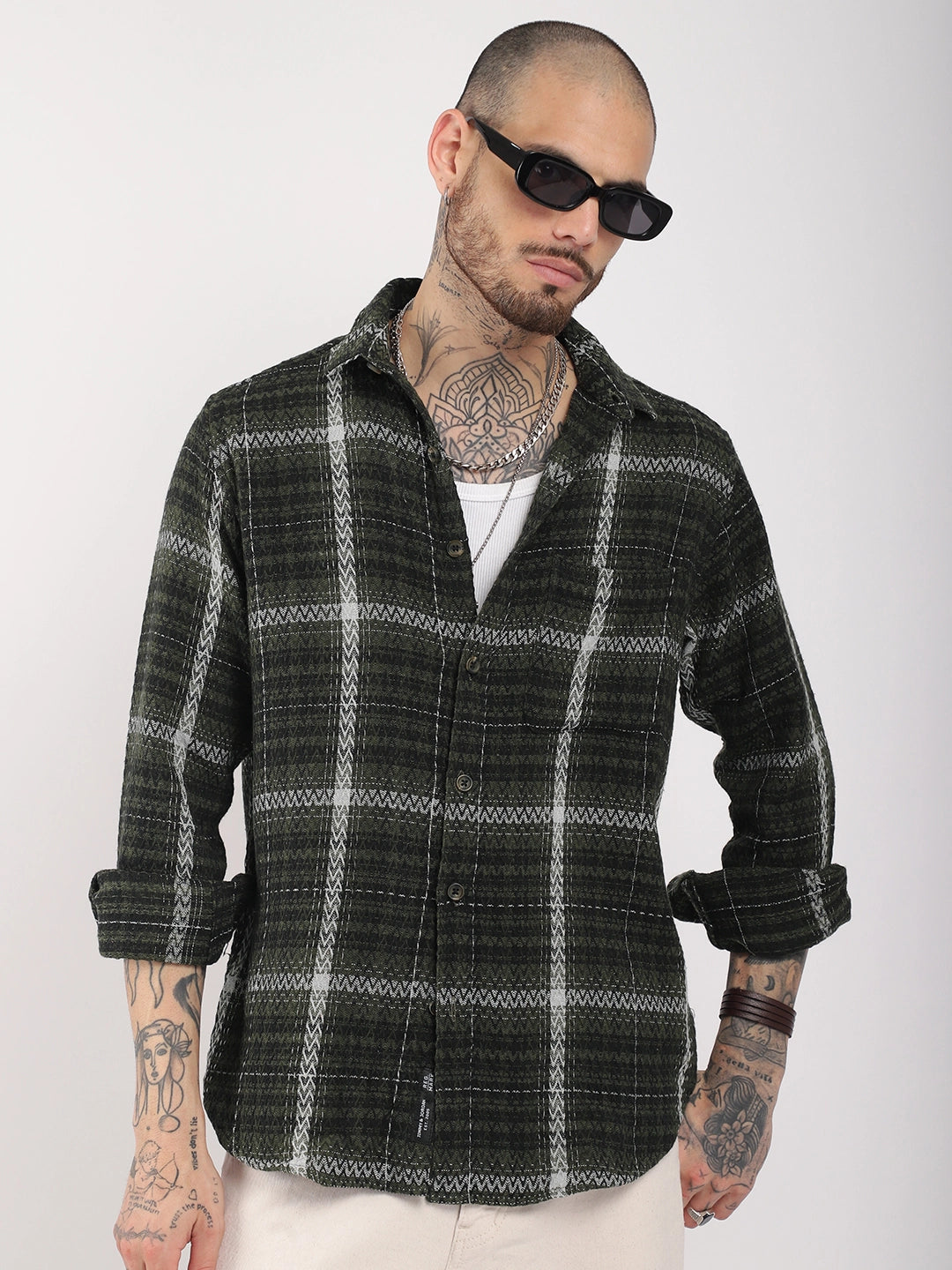 Haring Born Check Military Green & Light Grey Full Sleeve Shirt