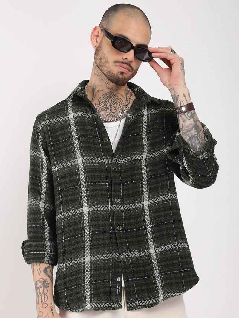 Haring Born Check Military Green & Light Grey Full Sleeve Shirt