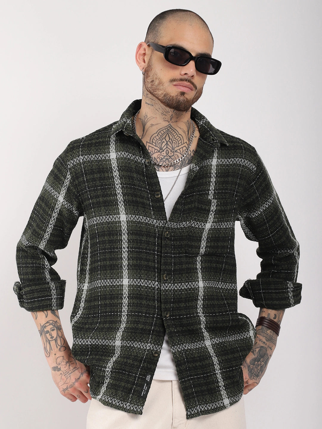 Haring Born Check Military Green & Light Grey Full Sleeve Shirt