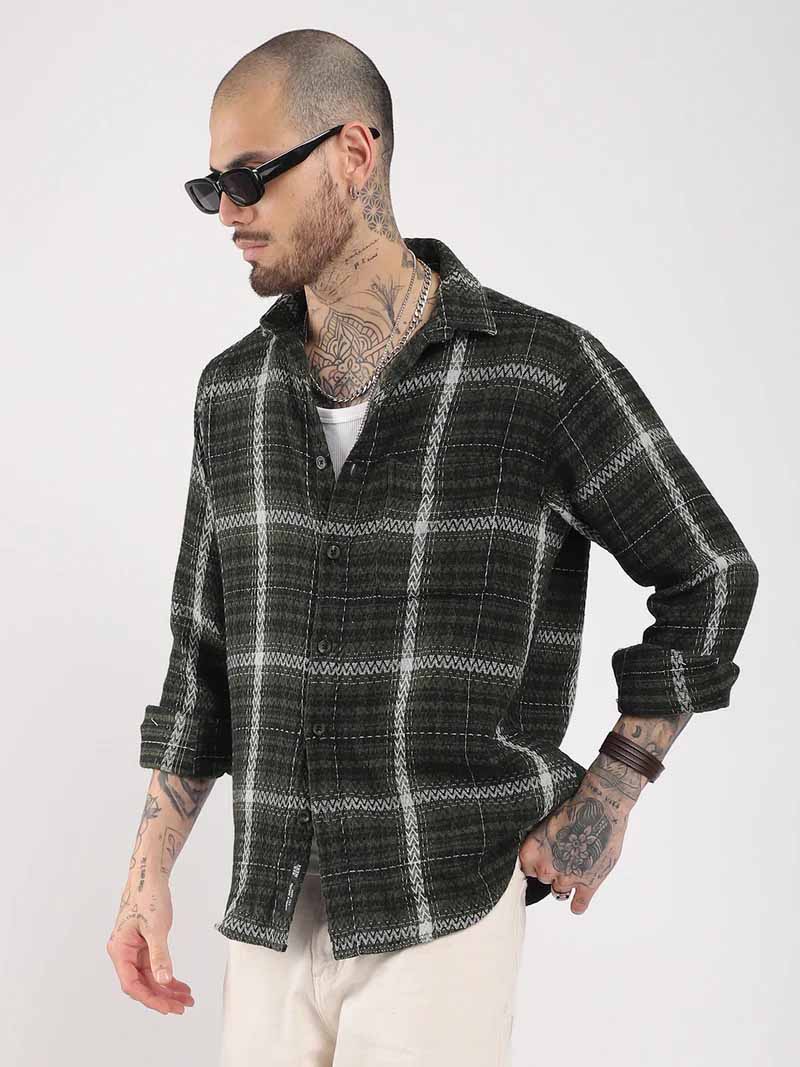 Haring Born Check Military Green & Light Grey Full Sleeve Shirt