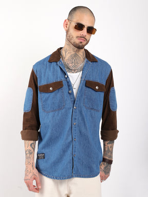 Luxe Fit Sky Blue  Washed Denim Corduroy Full Sleeve Shirt