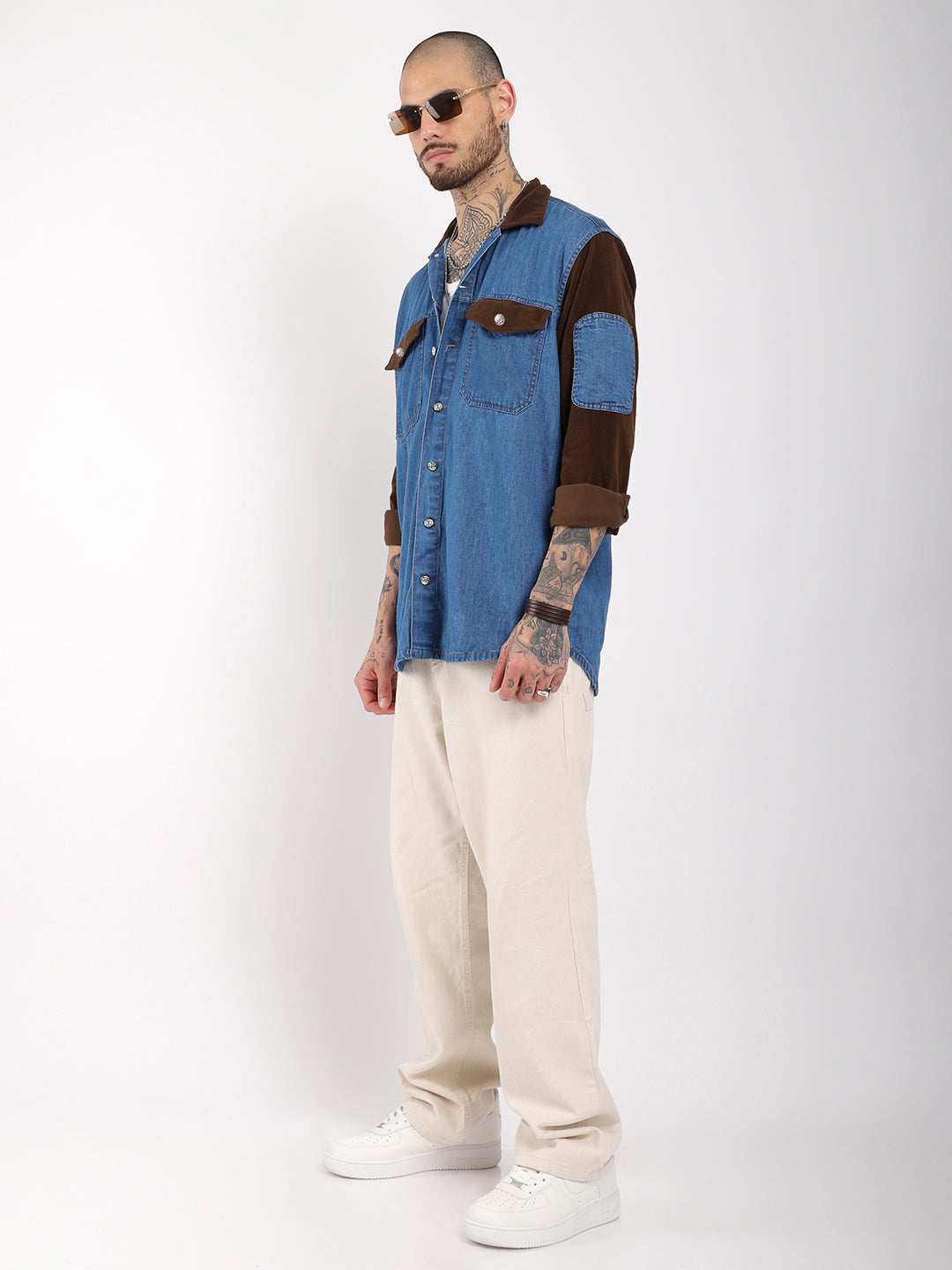 Luxe Fit Sky Blue  Washed Denim Corduroy Full Sleeve Shirt