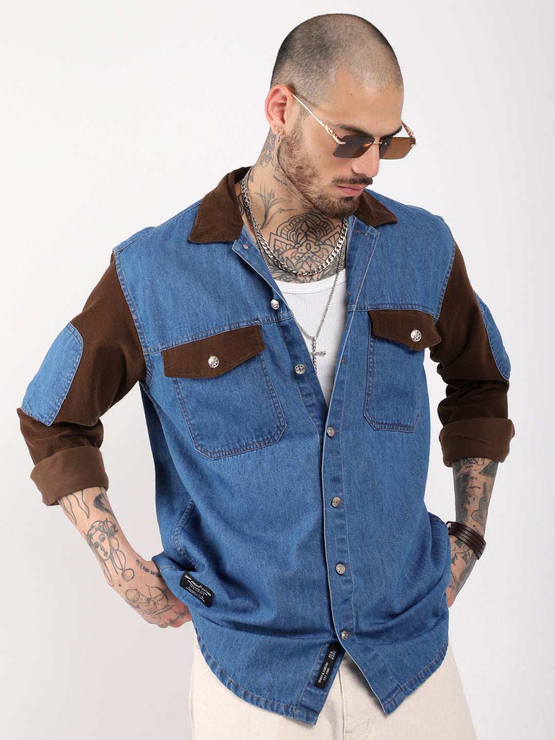 Luxe Fit Sky Blue  Washed Denim Corduroy Full Sleeve Shirt