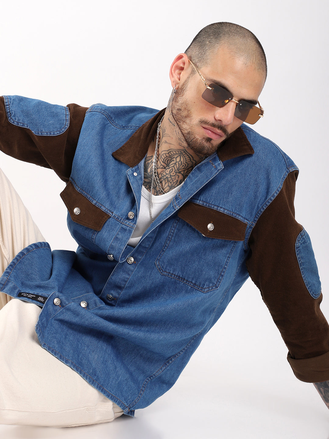 Luxe Fit Sky Blue  Washed Denim Corduroy Full Sleeve Shirt