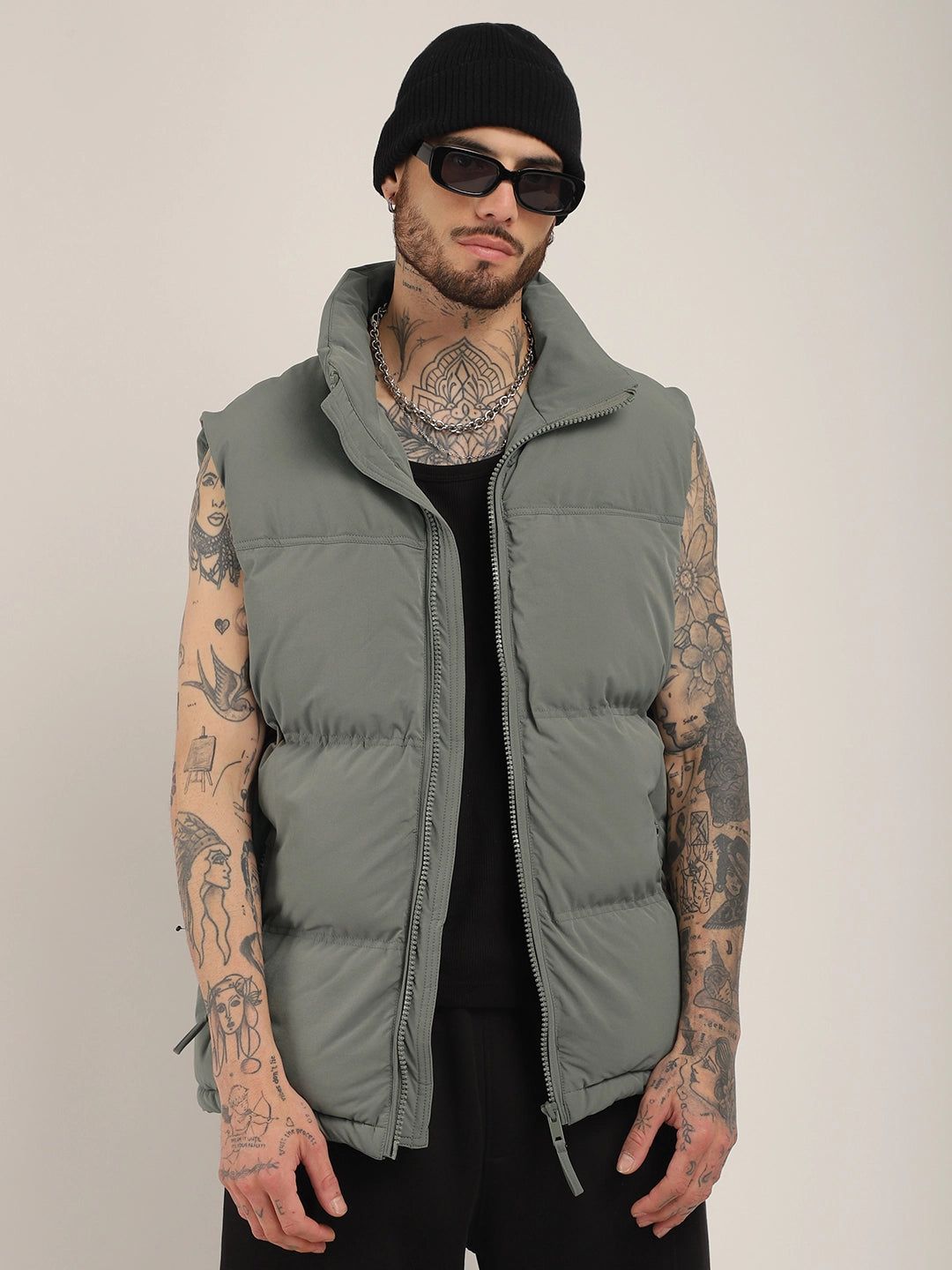 Quilted Gilet Cut Sleeves Grey Puffer Jacket