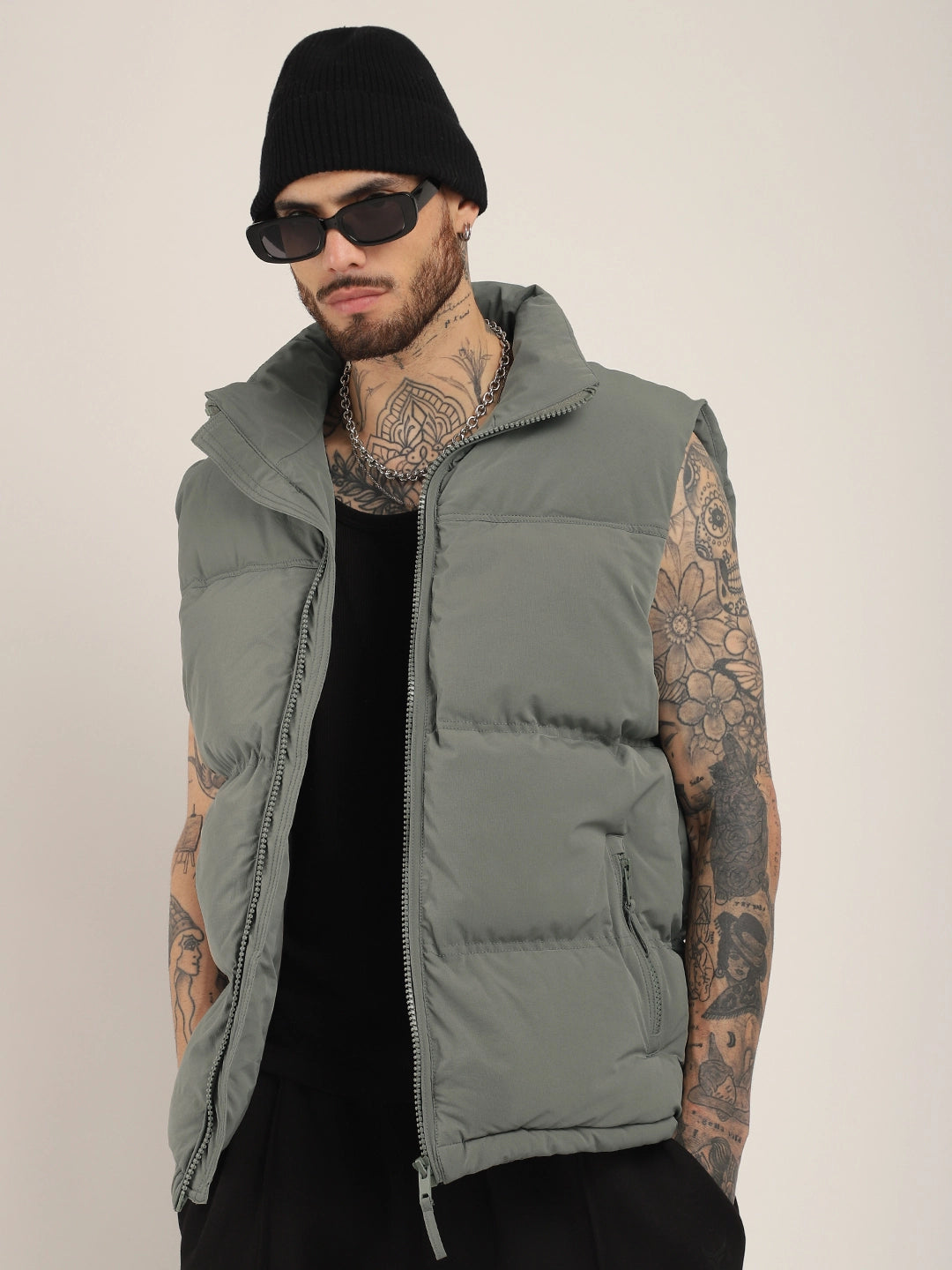 Quilted Gilet Cut Sleeves Grey Puffer Jacket