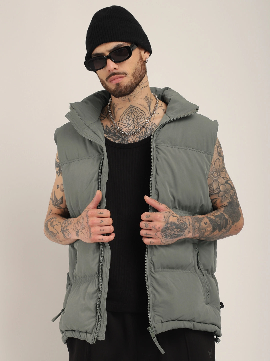 Quilted Gilet Cut Sleeves Grey Puffer Jacket