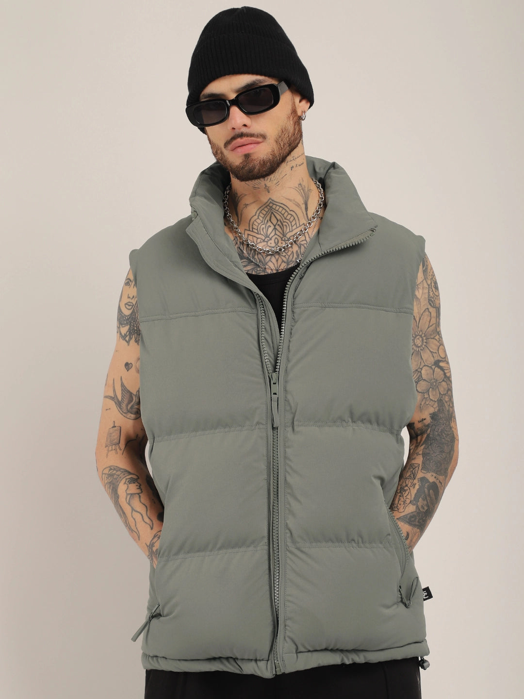 Quilted Gilet Cut Sleeves Grey Puffer Jacket