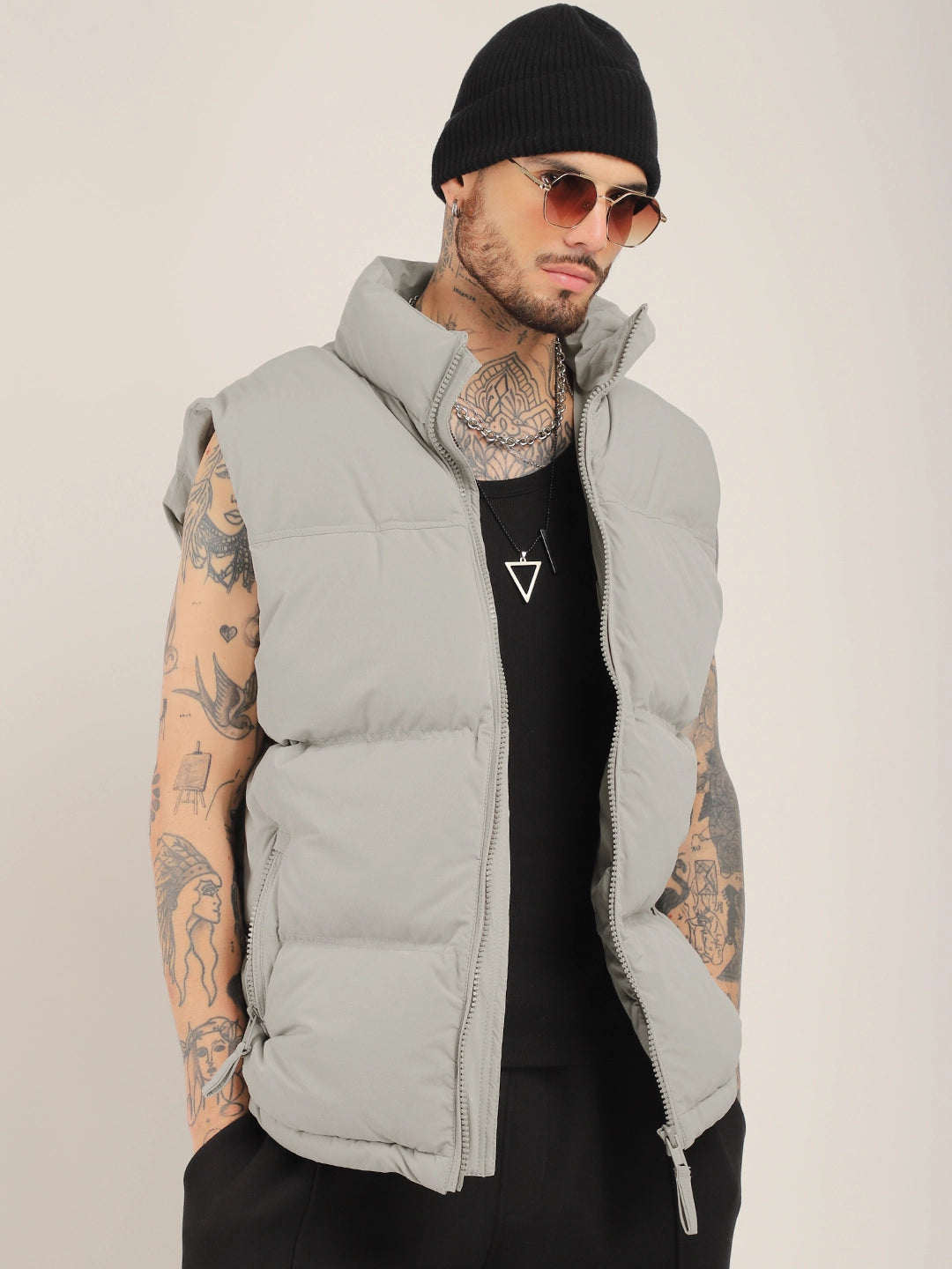 Quilted Gilet Cut Sleeves Light Grey Puffer Jacket