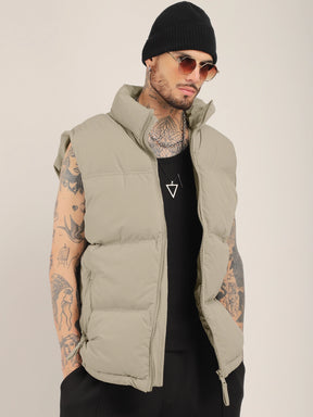 Quilted Gilet Cut Sleeves Khaki Puffer Jacket