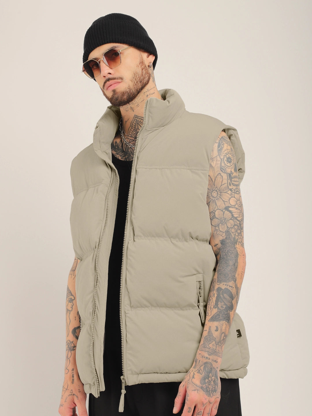 Quilted Gilet Cut Sleeves Khaki Puffer Jacket