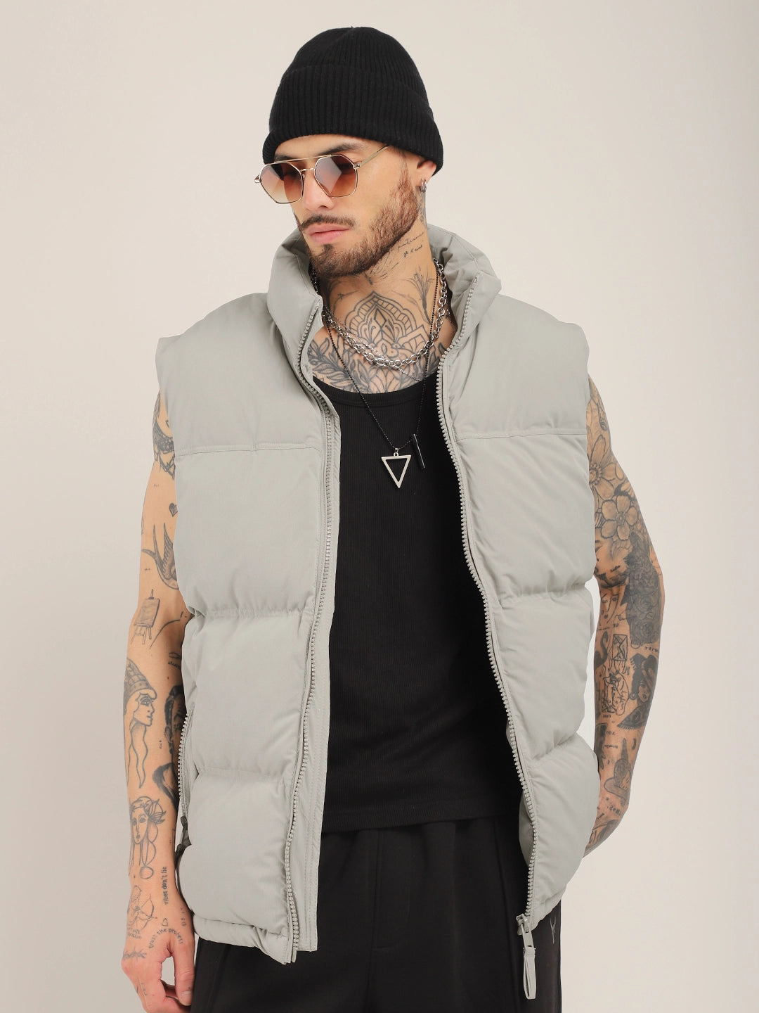 Quilted Gilet Cut Sleeves Light Grey Puffer Jacket