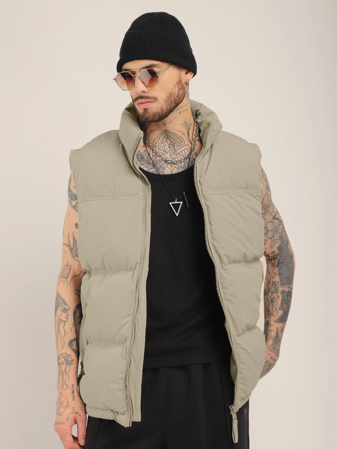 Quilted Gilet Cut Sleeves Khaki Puffer Jacket