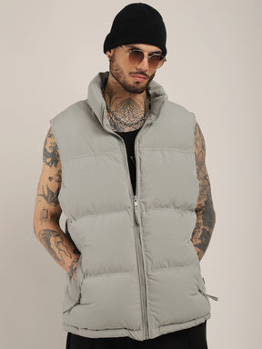 Quilted Gilet Cut Sleeves Light Grey Puffer Jacket