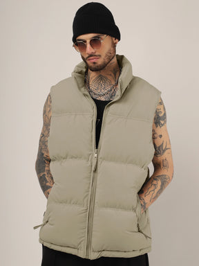 Quilted Gilet Cut Sleeves Khaki Puffer Jacket