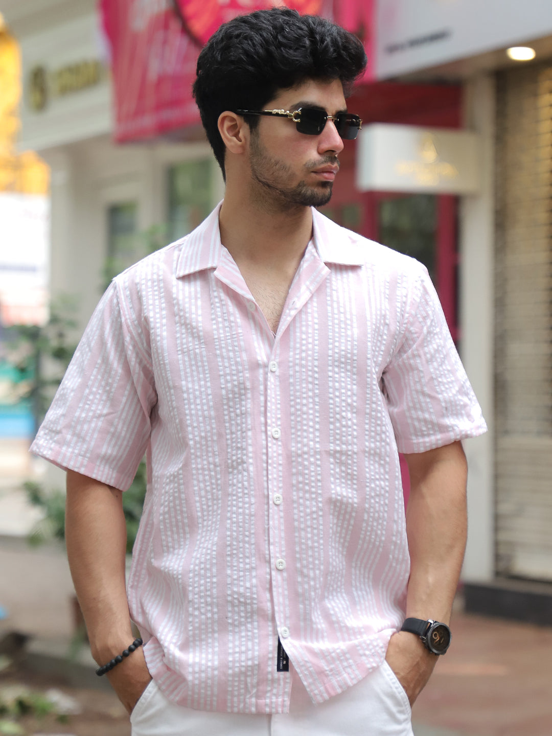 SnugSky Rouge Pink Half Sleeve Stripe Shirt