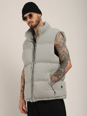 Quilted Gilet Cut Sleeves Light Grey Puffer Jacket