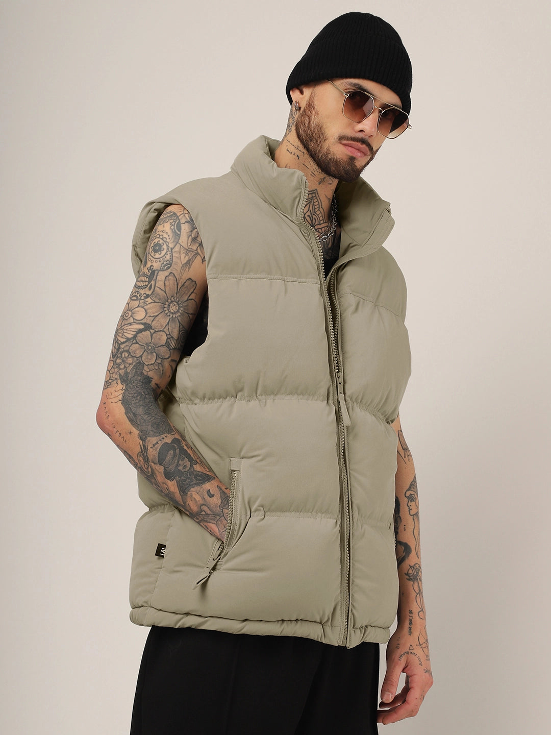 Quilted Gilet Cut Sleeves Khaki Puffer Jacket