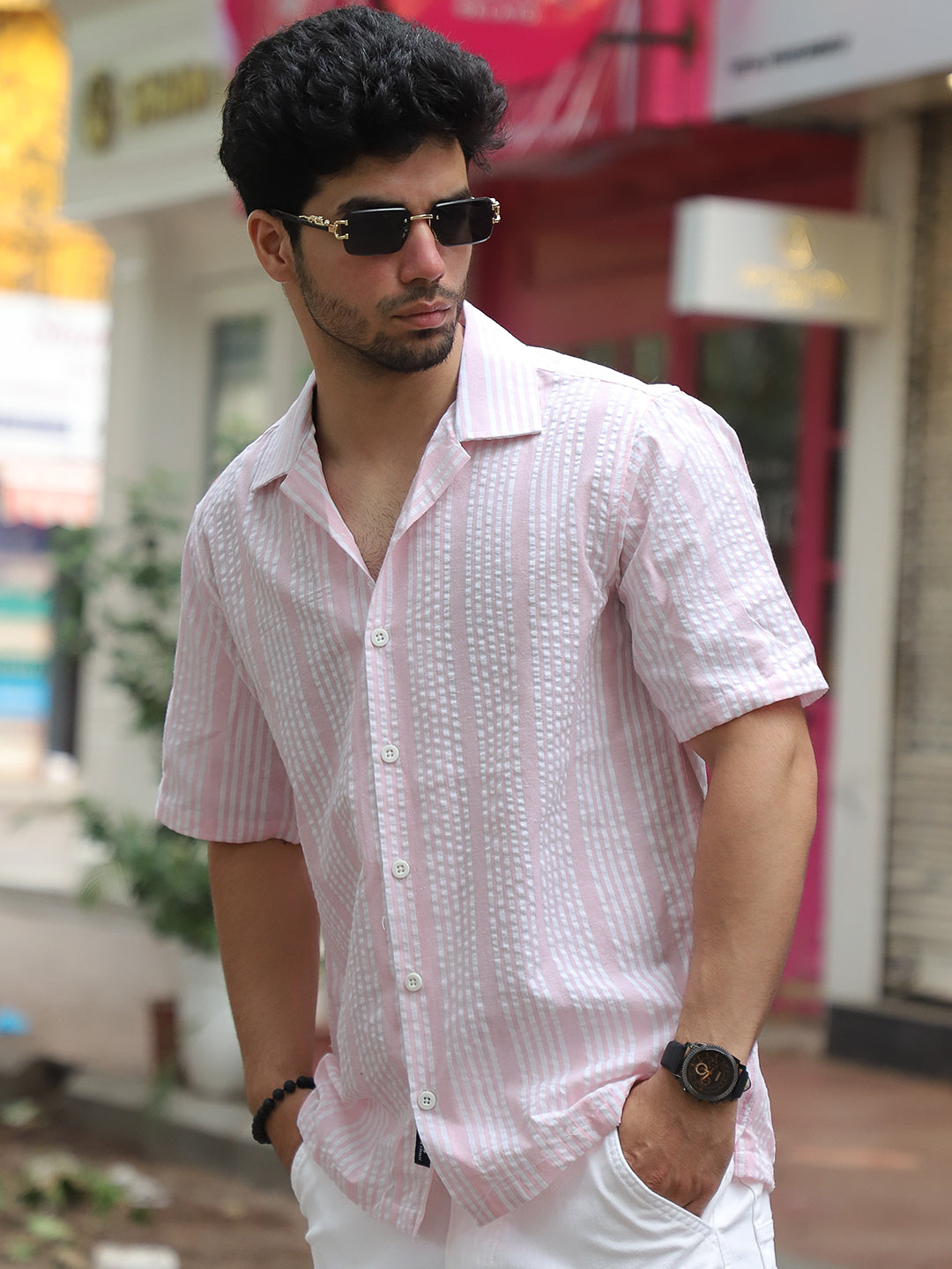 SnugSky Rouge Pink Half Sleeve Stripe Shirt