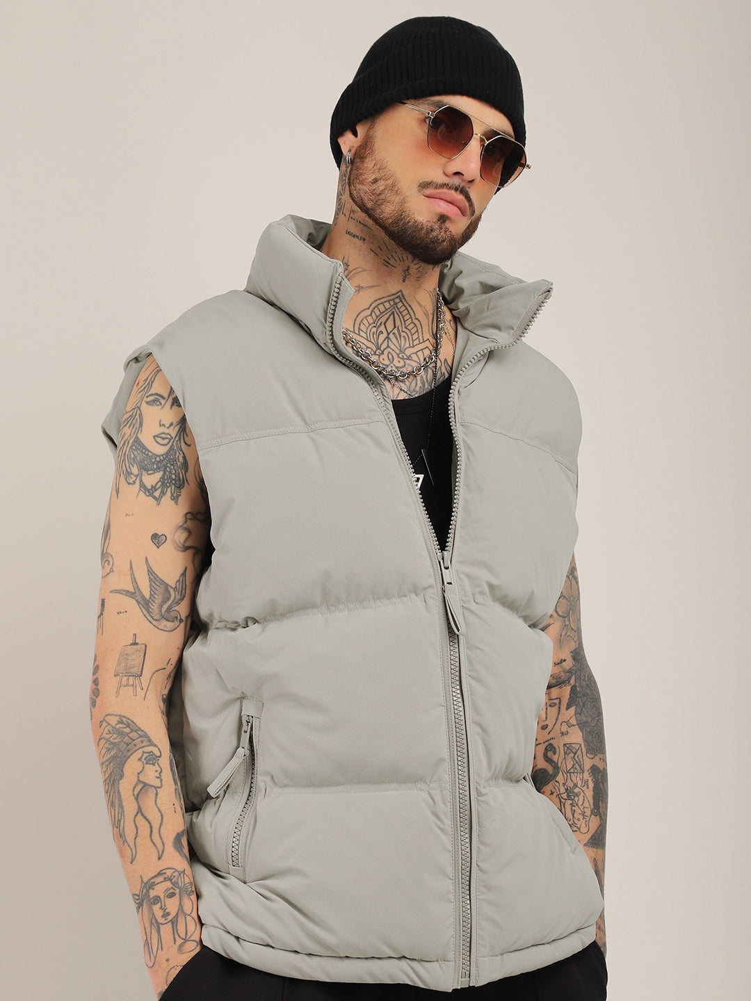 Quilted Gilet Cut Sleeves Light Grey Puffer Jacket