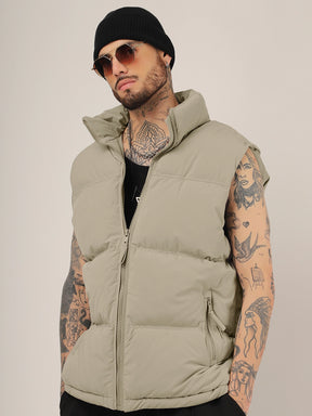 Quilted Gilet Cut Sleeves Khaki Puffer Jacket