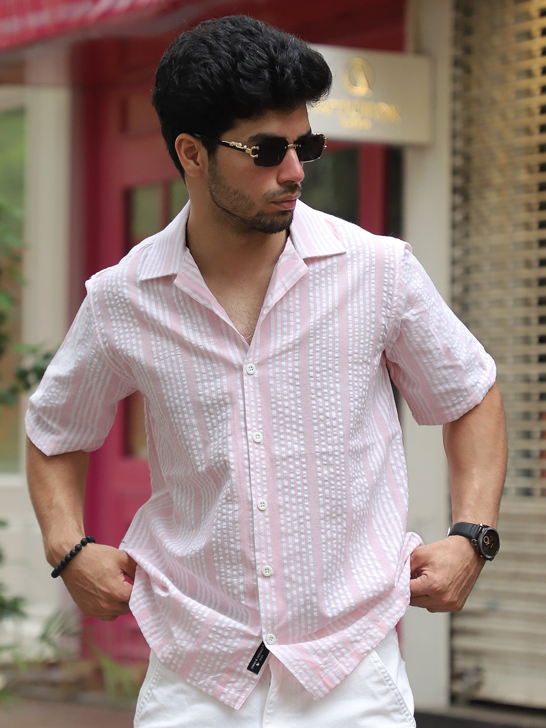 SnugSky Rouge Pink Half Sleeve Stripe Shirt