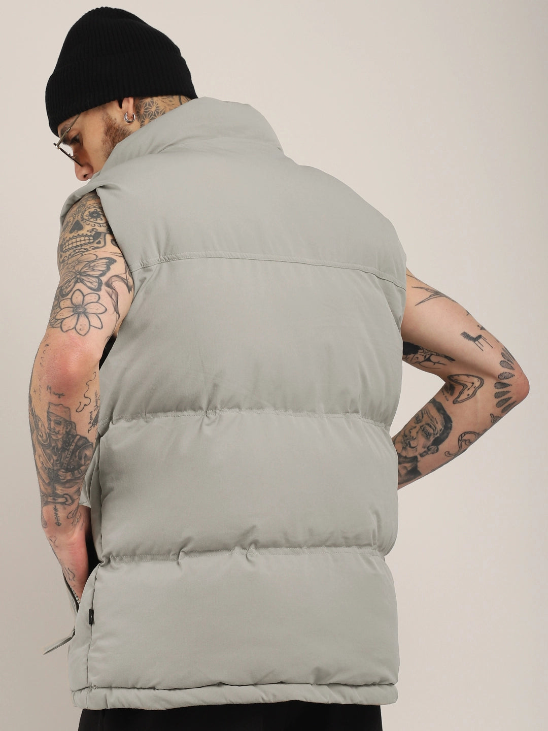 Quilted Gilet Cut Sleeves Light Grey Puffer Jacket