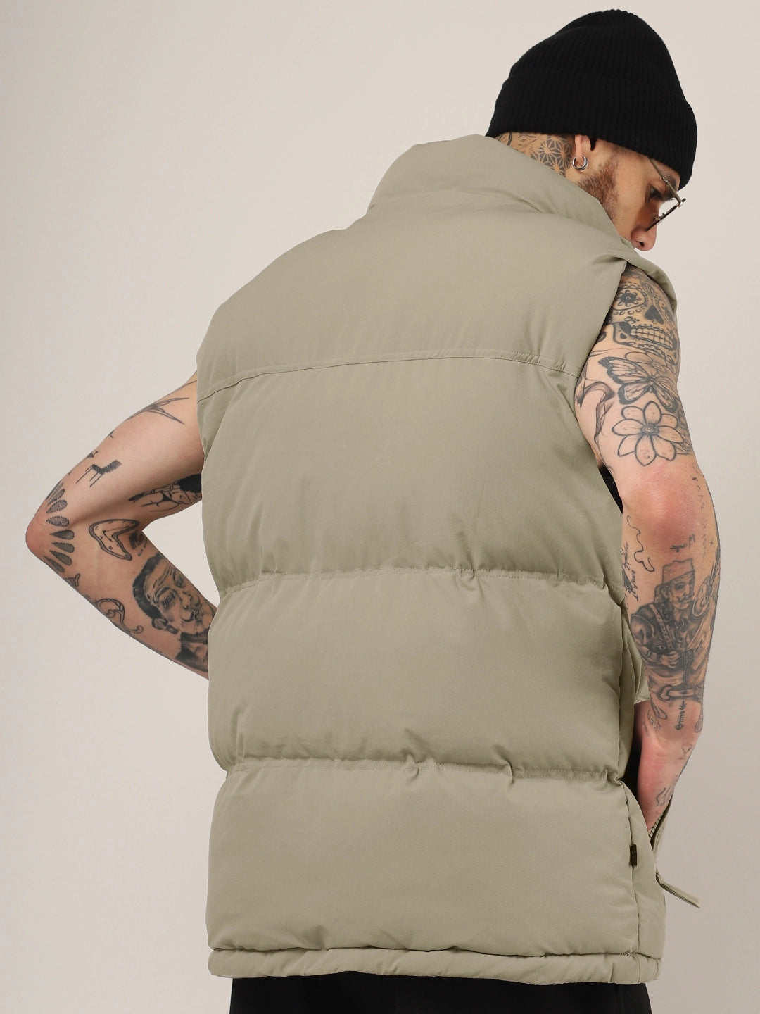 Quilted Gilet Cut Sleeves Khaki Puffer Jacket