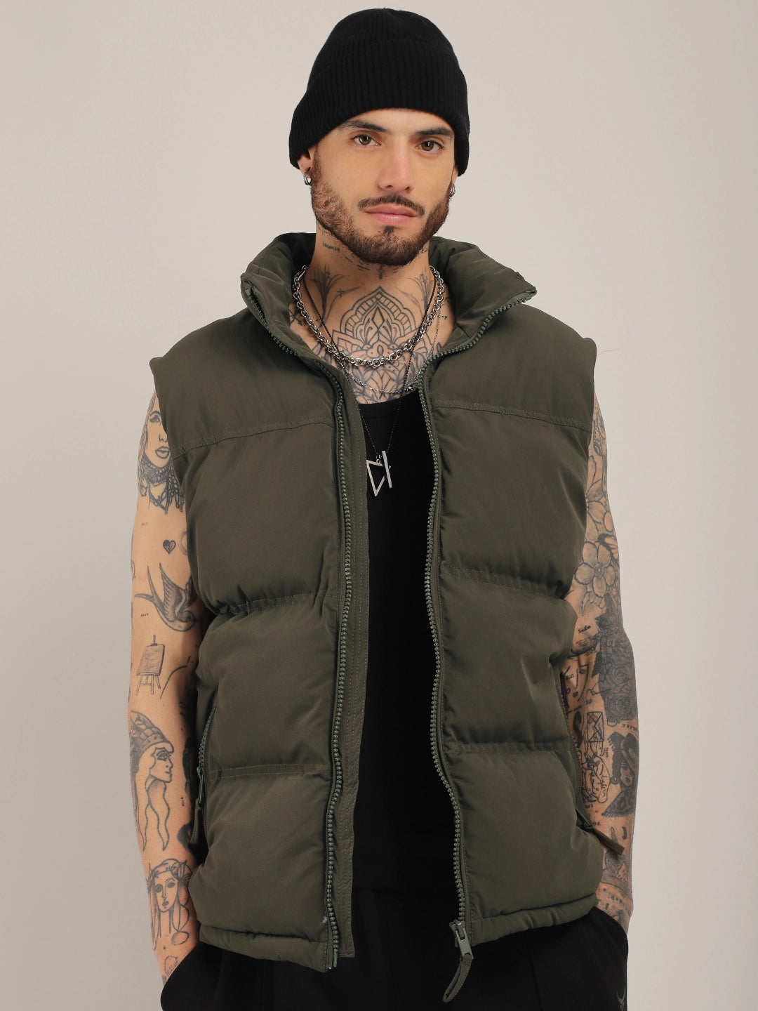 Quilted Gilet Cut Sleeves Coffee Brown Puffer Jacket