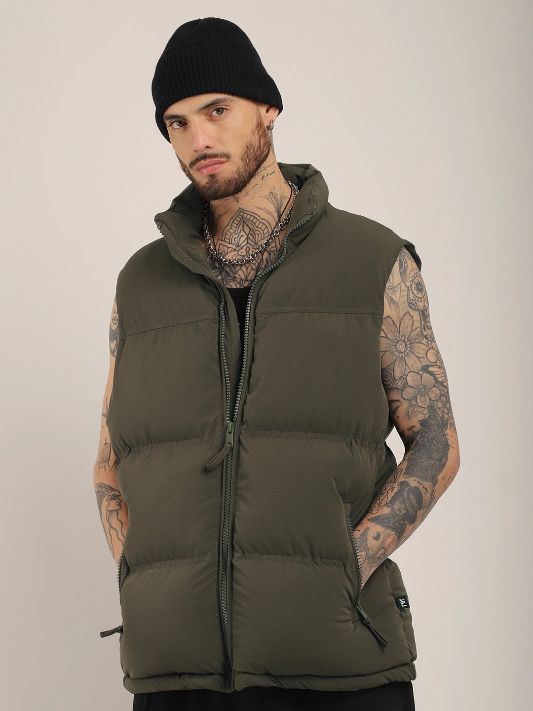 Quilted Gilet Cut Sleeves Coffee Brown Puffer Jacket