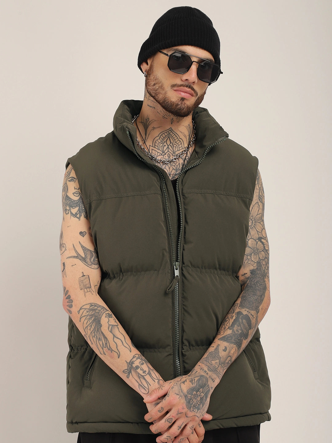 Quilted Gilet Cut Sleeves Coffee Brown Puffer Jacket
