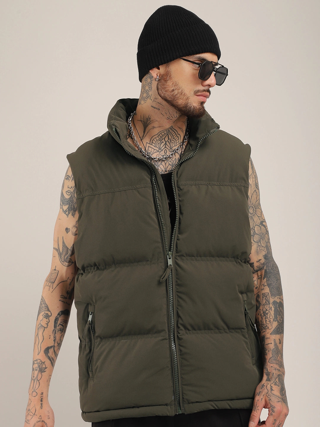 Quilted Gilet Cut Sleeves Coffee Brown Puffer Jacket