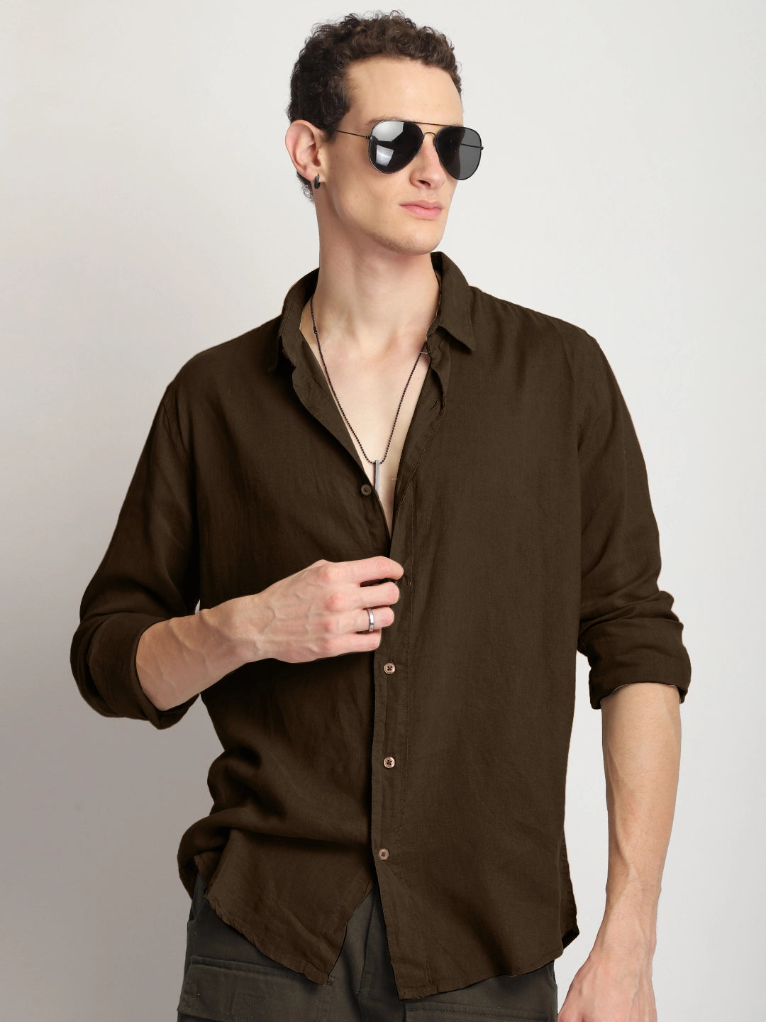 Luxe Lineage Organic Linen Brown Full Sleeve Shirt