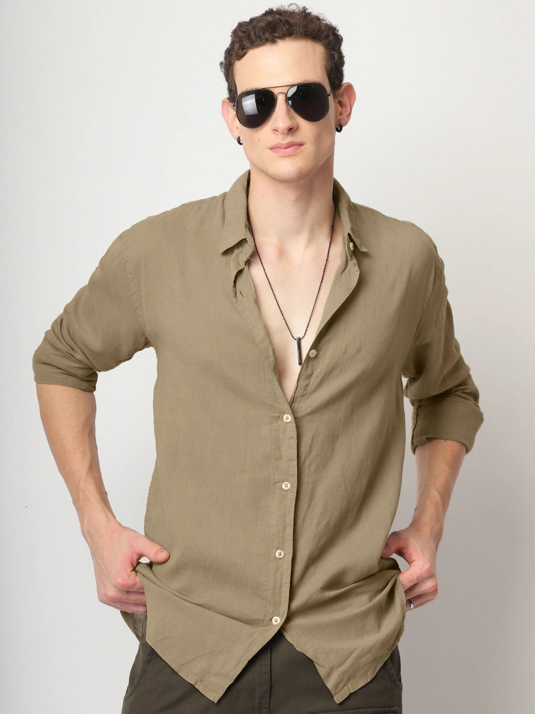 Luxe Lineage Organic Linen Khaki Full Sleeve Shirt