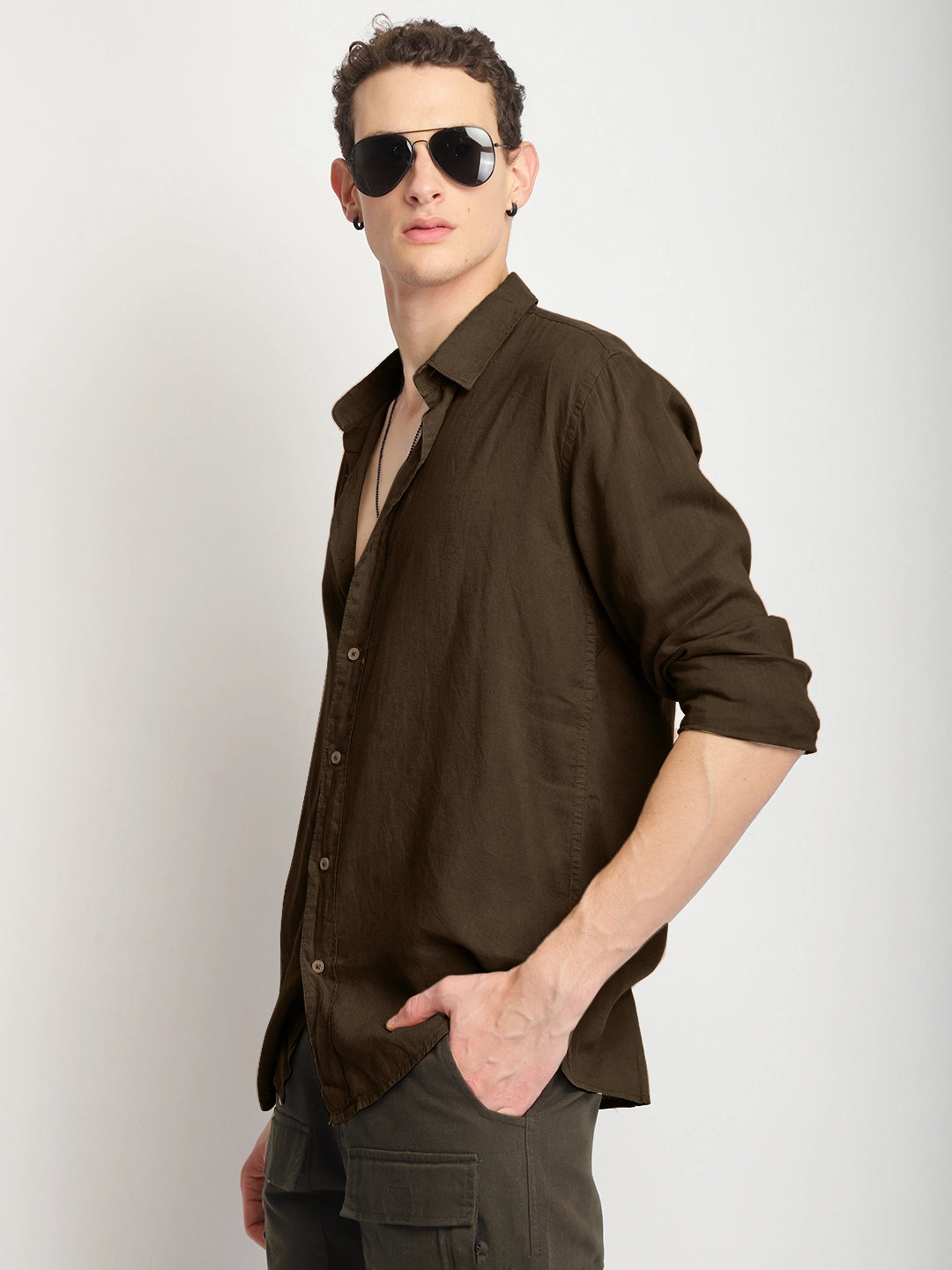 Luxe Lineage Organic Linen Brown Full Sleeve Shirt