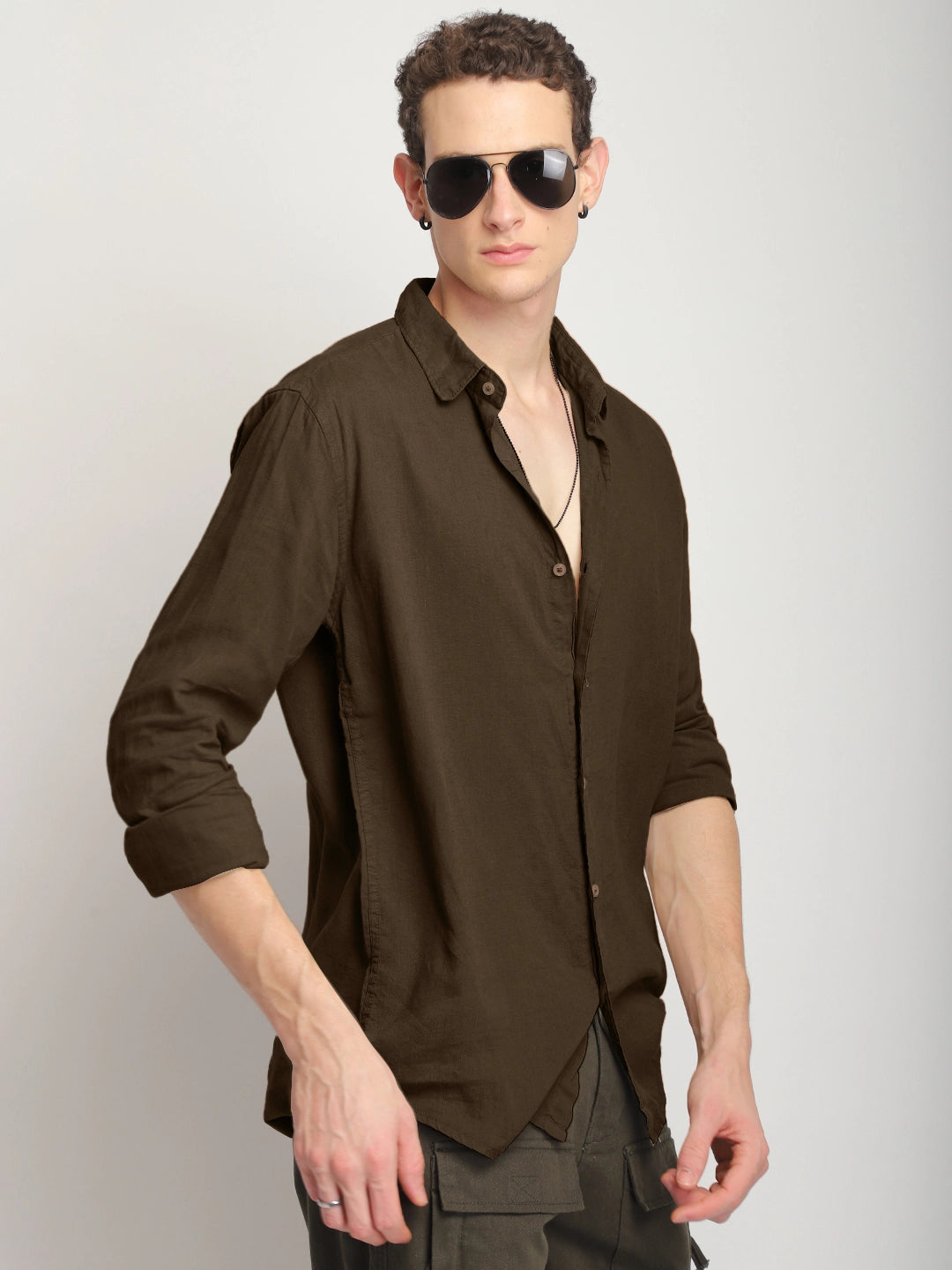 Luxe Lineage Organic Linen Brown Full Sleeve Shirt