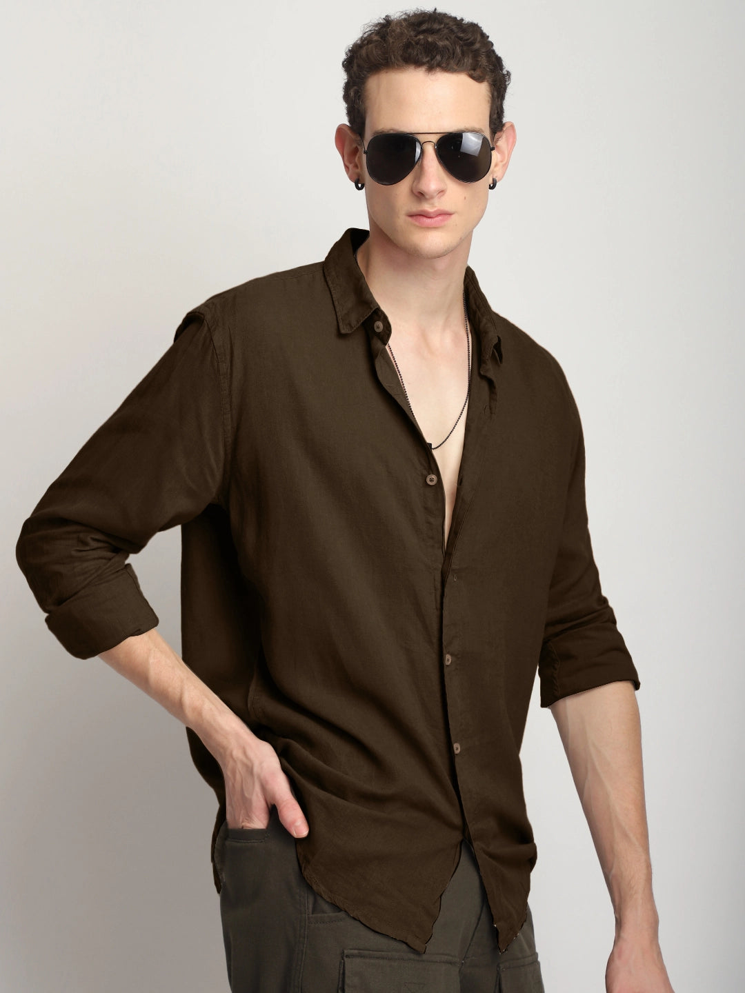 Luxe Lineage Organic Linen Brown Full Sleeve Shirt