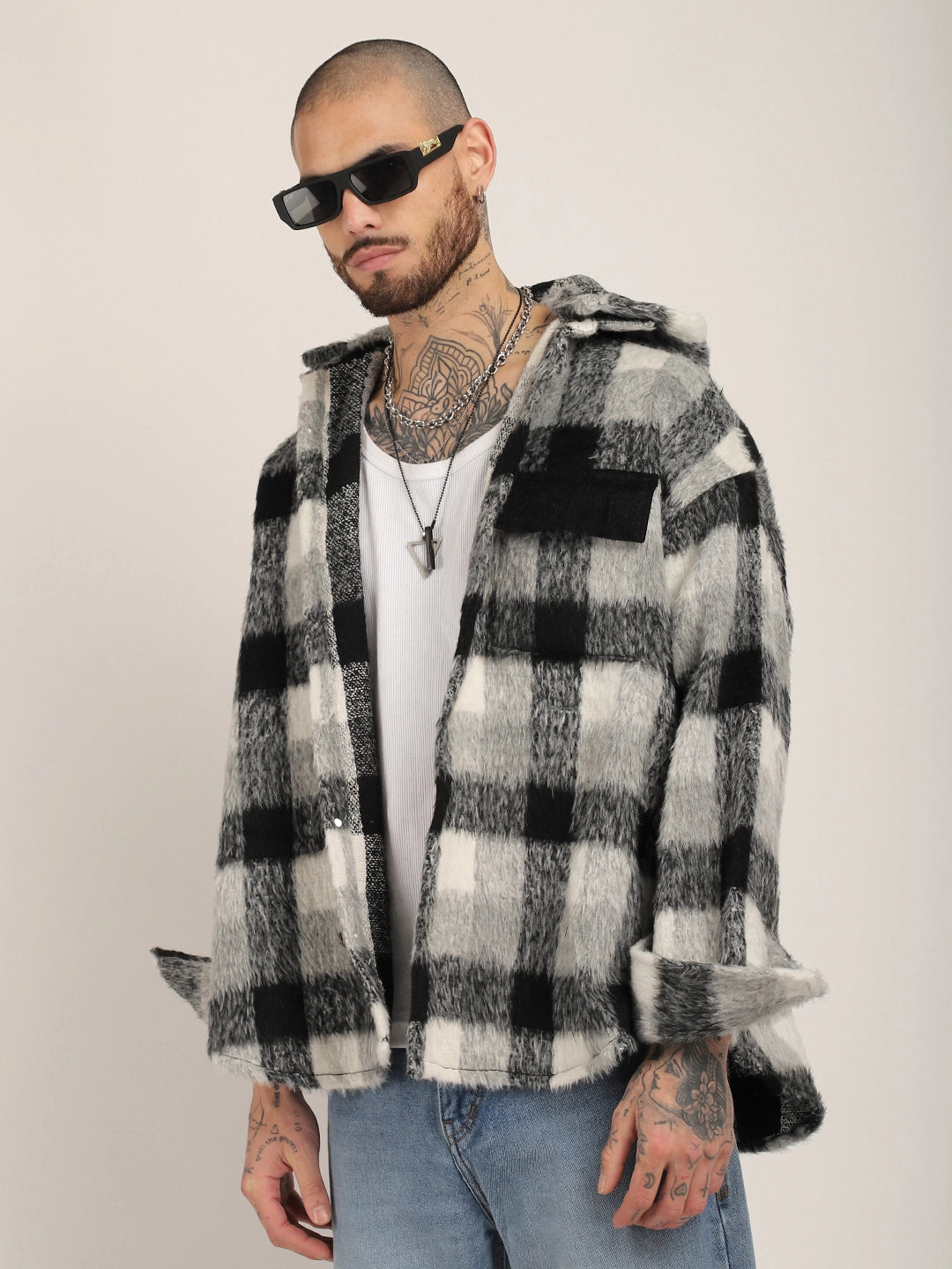 Core Fit Pure Wool Black & White Check Hoodie