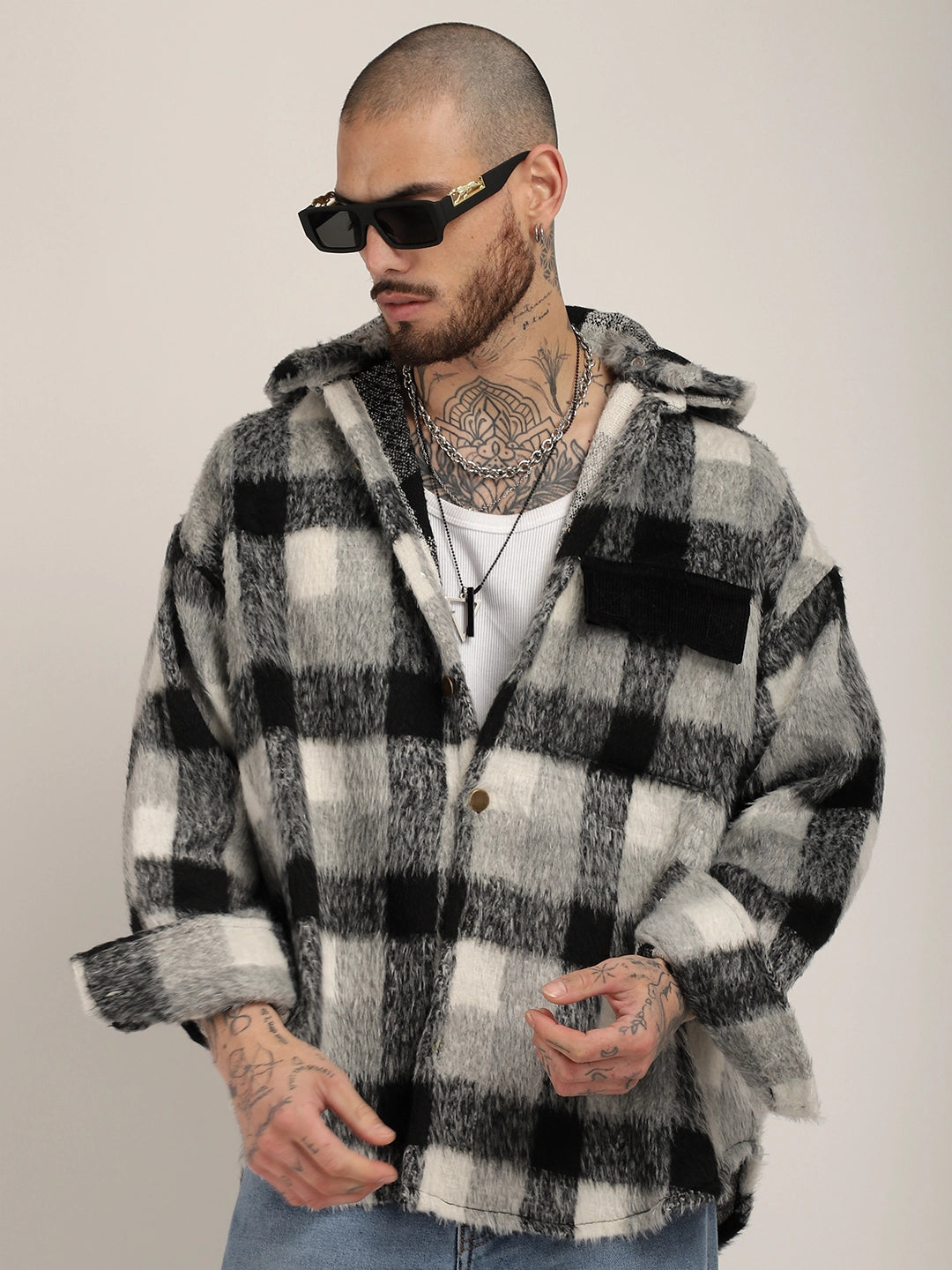 Core Fit Pure Wool Black & White Check Hoodie