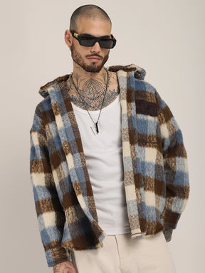 Core Fit Pure Wool Blue & Brown Check Hoodie