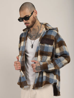 Core Fit Pure Wool Blue & Brown Check Hoodie