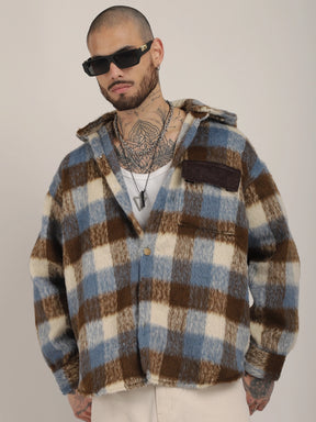 Core Fit Pure Wool Blue & Brown Check Hoodie