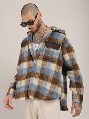 Core Fit Pure Wool Blue & Brown Check Hoodie