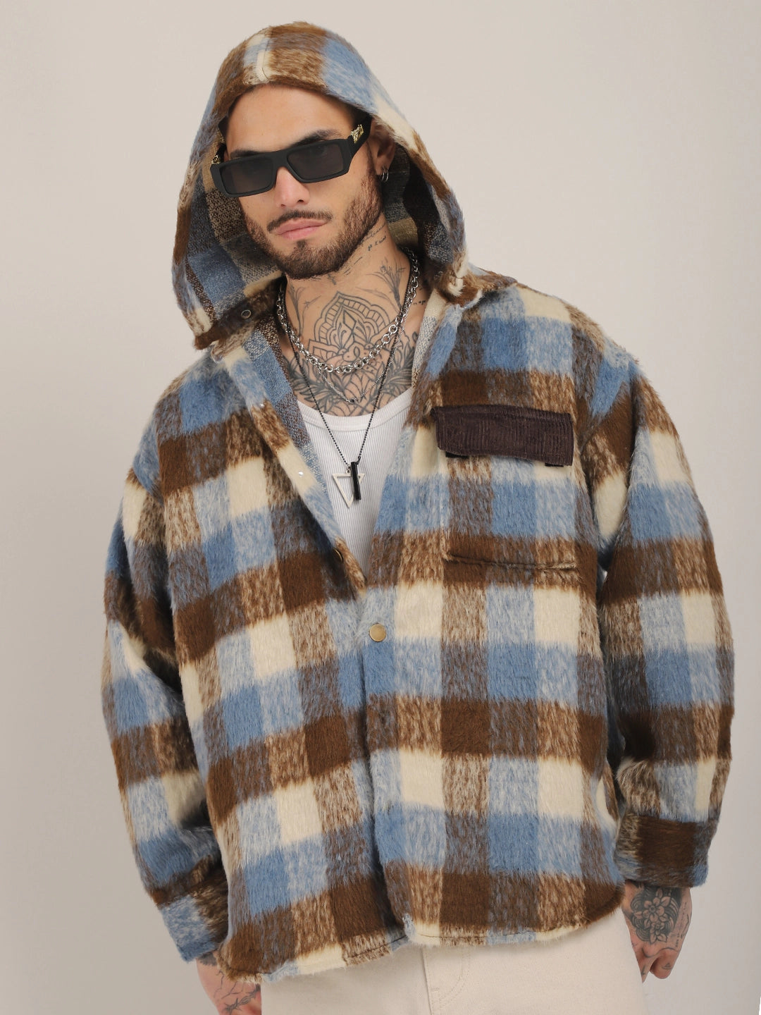 Core Fit Pure Wool Blue & Brown Check Hoodie