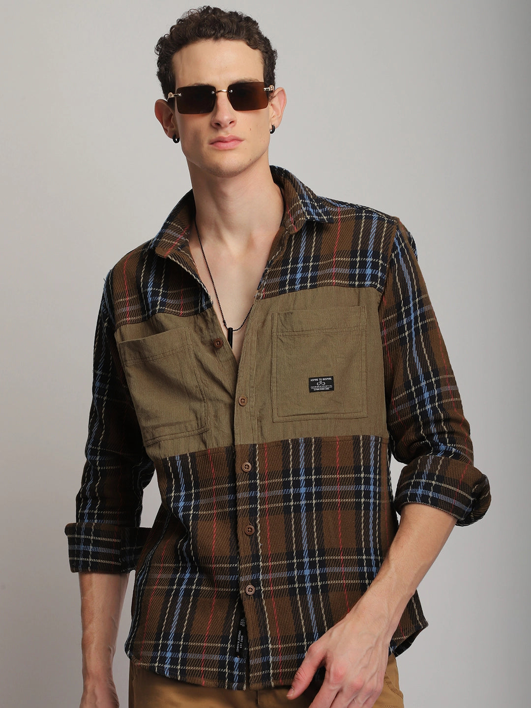 Brunswick Hues Corduroy Check Brown Full Sleeve Shirt